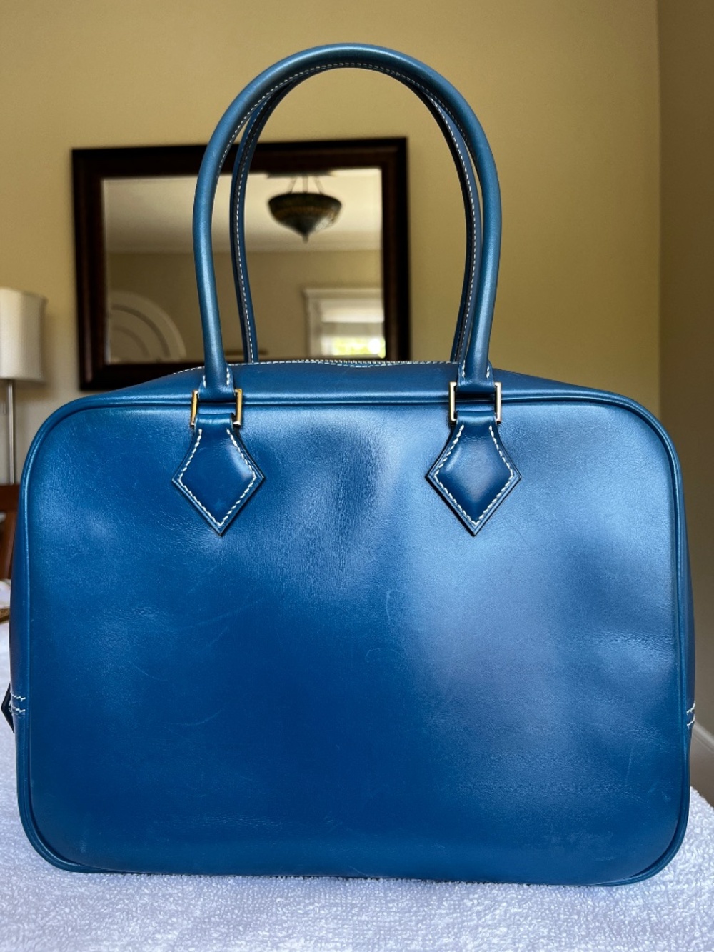 VINTAGE Hermes PLUME 28 BLUE Tote Bag BOX Calfskin G square stamp